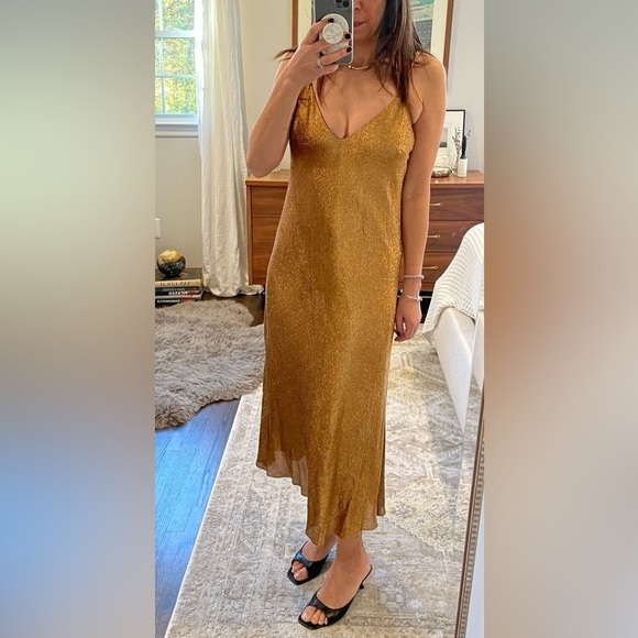 Cynthia Rowley Silk Gold Metallic Midi Slip Dress
